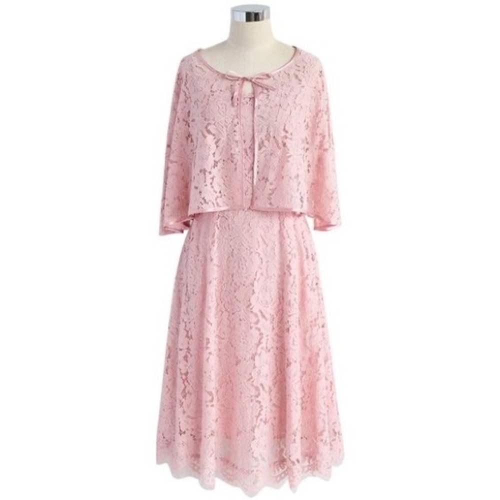 ChicWish Tea Party Full Lace Dress with Cape in Pink